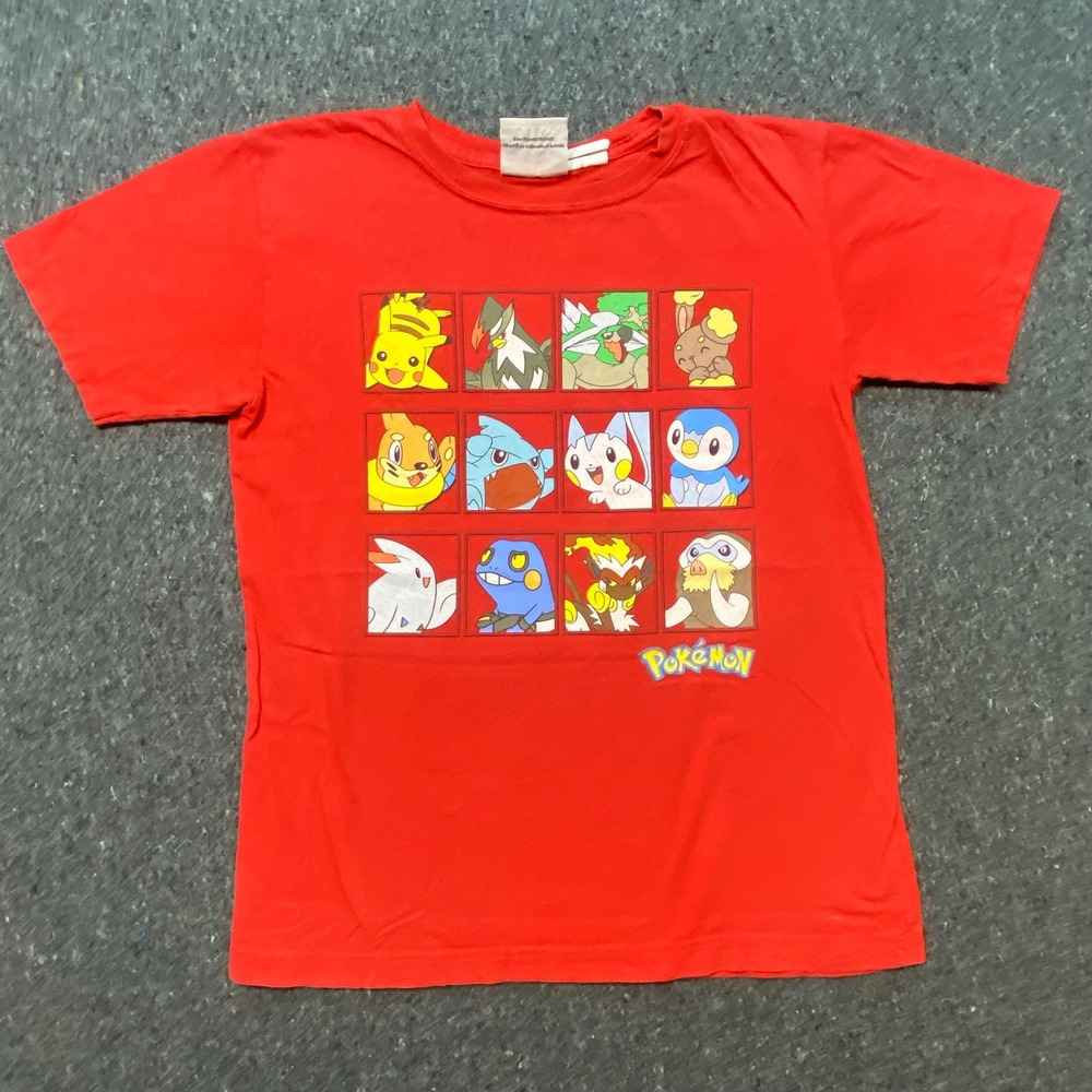 Pokemon Graphic T Shirt S/7 Boys Red Y2K Pikachu Piplup Character Grid Tee